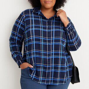 Susan Graver Womens 3X Navy Blue Plaid Collared Button Front Long Sleeve Top